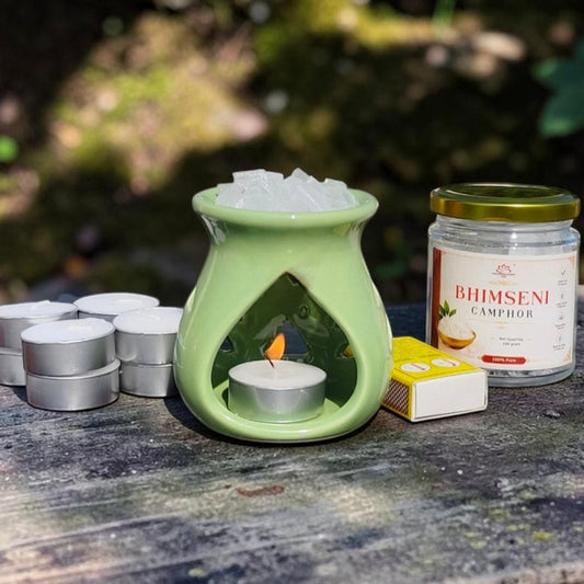 Aarambh light green Bhimseni camphor diffuser with camphor jar and tealight candles