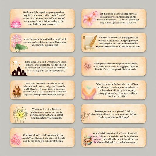 Bhagavad Gita shloka cards back side with English meaning and motivational spiritual quotes