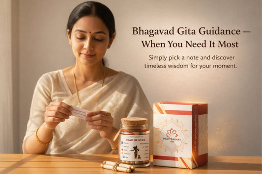 Woman reading Bhagavad Gita wisdom note from Pavitrakart Gita Jar for emotional guidance