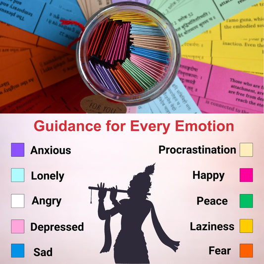 Bhagavad Gita verses jar showing color coded shlokas for anxiety, loneliness, anger, depression, sadness, fear and peace emotional guidance