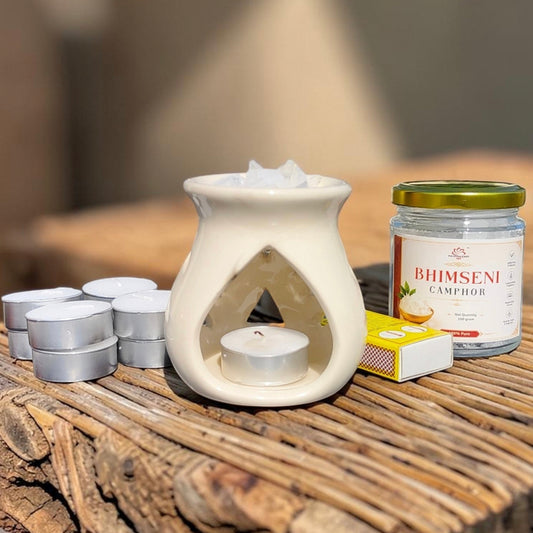 Aarambh off-white Bhimseni camphor diffuser with camphor jar and tealight candles