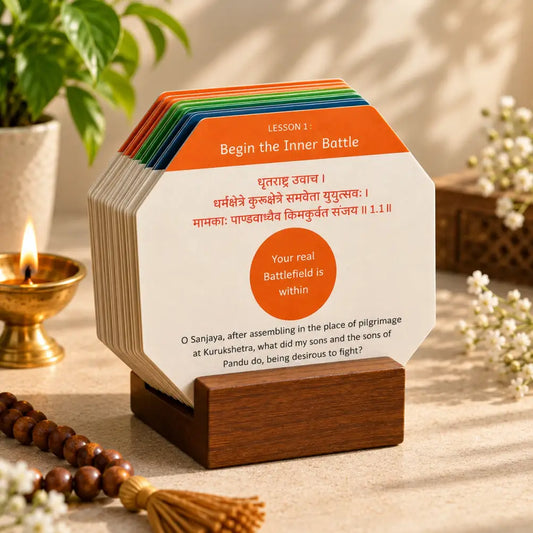Gita Desk with Bhagavad Gita lesson cards displayed in a wooden stand.