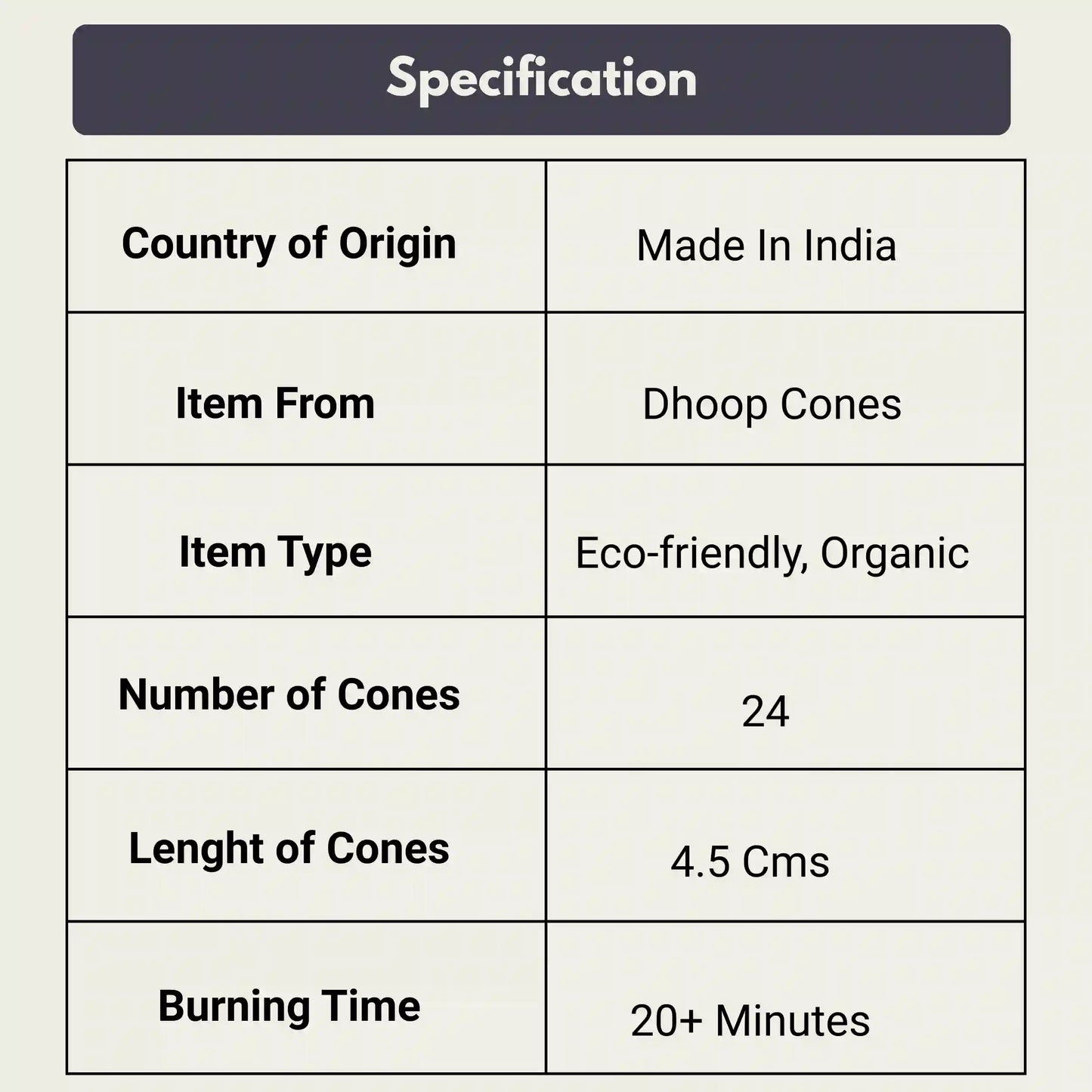 Pavitrakart Dhoop Cones specifications made in India eco friendly organic 24 cones 20 minutes burning time