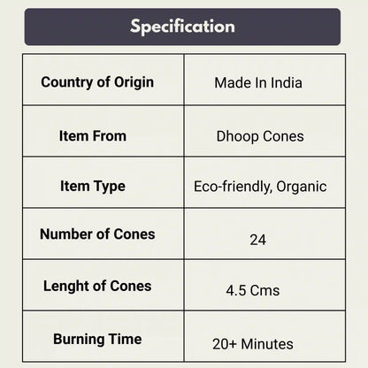 Pavitrakart Dhoop Cones specifications made in India eco friendly organic 24 cones 20 minutes burning time