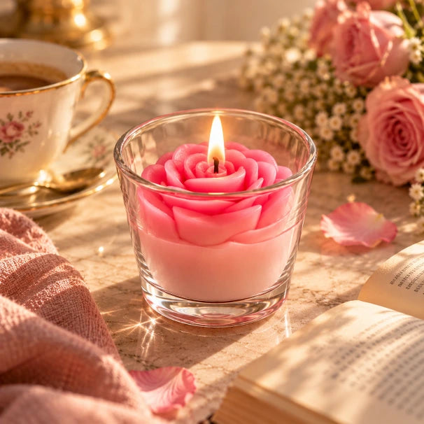 Pink rose-shaped candle burning in a transparent glass tumbler with roses and an open book.