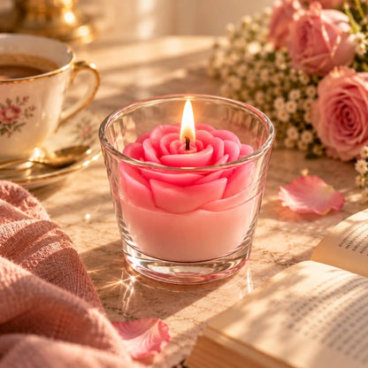 Pink rose-shaped candle burning in a transparent glass tumbler with roses and an open book.